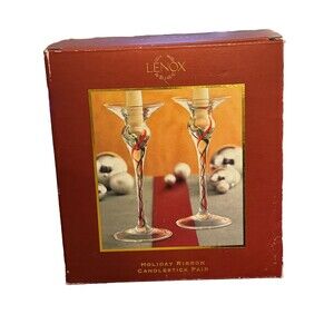 Lenox Holiday Ribbon Candlestick Pair Red & Green Twist in Stem Blown Glass Vtg*